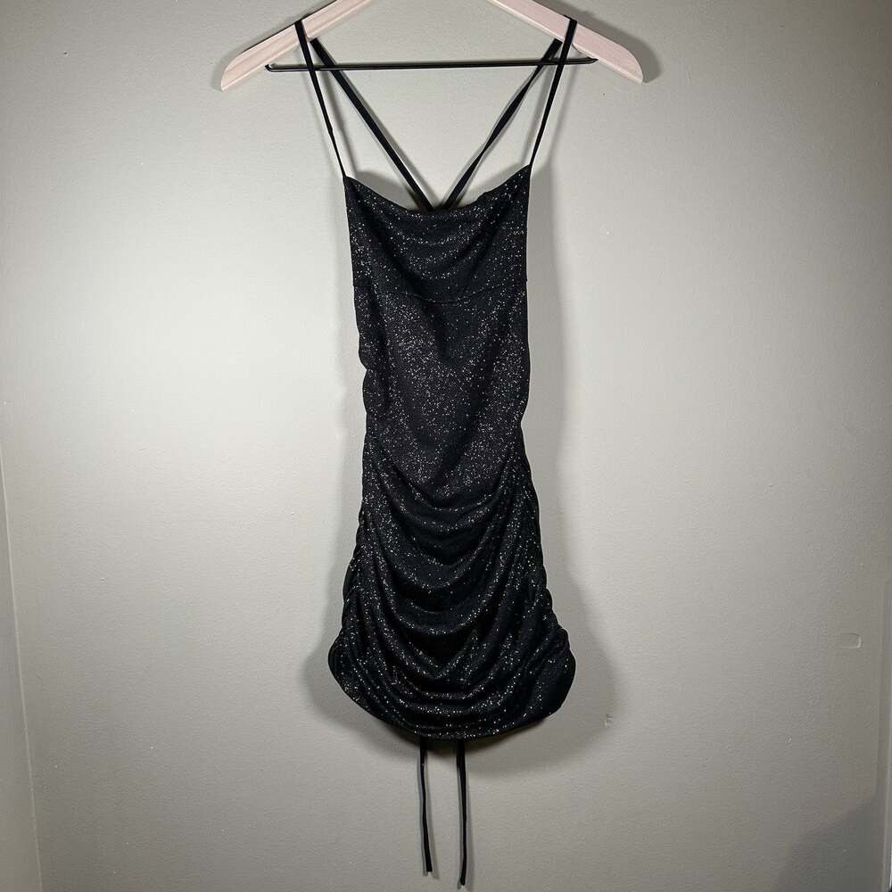 Lucy in the Sky Women’s S Black Silver Sparkle Ruched Bodycon Mini Party Dress